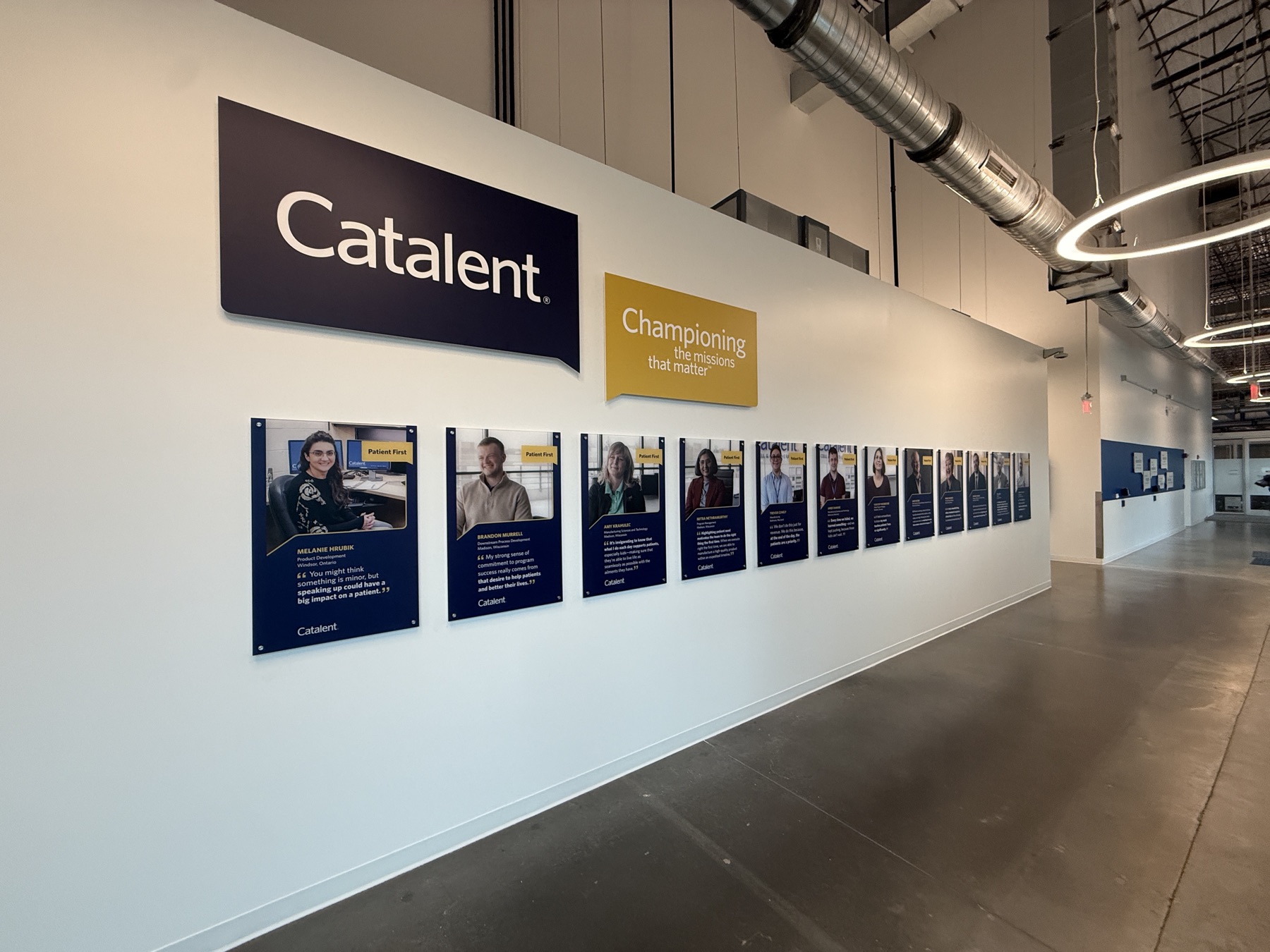 Dimensional logo wall and framed graphics along a corporate corridor